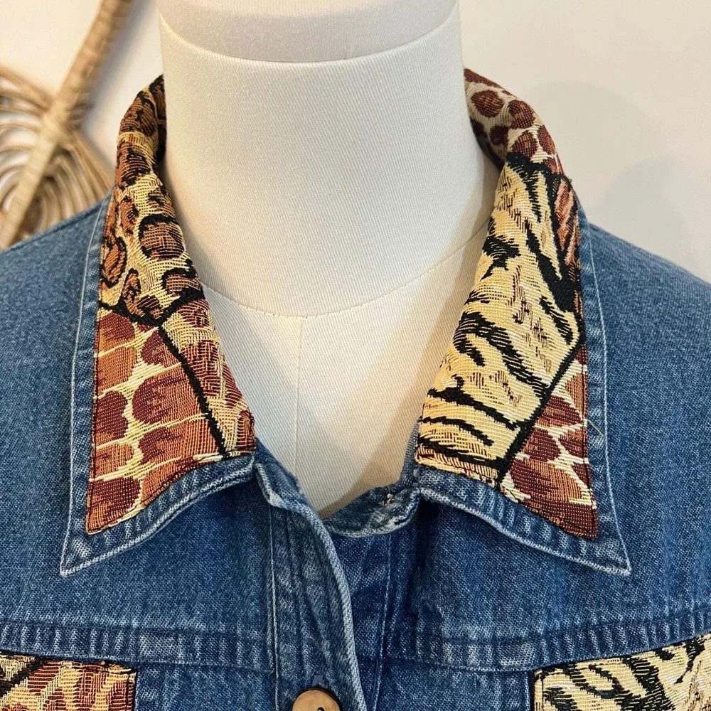 Vintage TanTrums Blue Cotton Denim Patchwork Animal Print Safari Jacket Medium